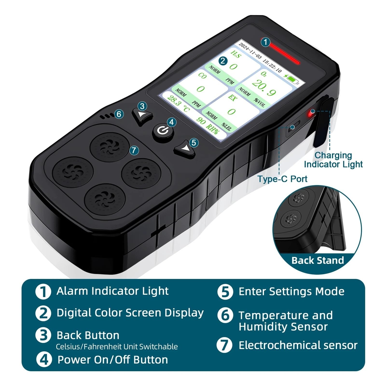 Détecteur Multi-gaz Portable 4 en 1 O2, CO, H2S, analyseur de testeur de gaz Combustible, avec Alarme sonore, Lumineuse et vibrante Temps de réponse Court