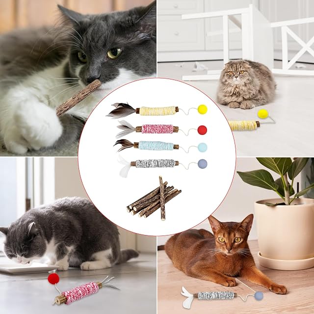 Foto 7 de 7 de Newpop 4 Piezas Juguetes para Gatos, Palillo de Dentición de Hierba para Gatos, Masticar Palos Gato