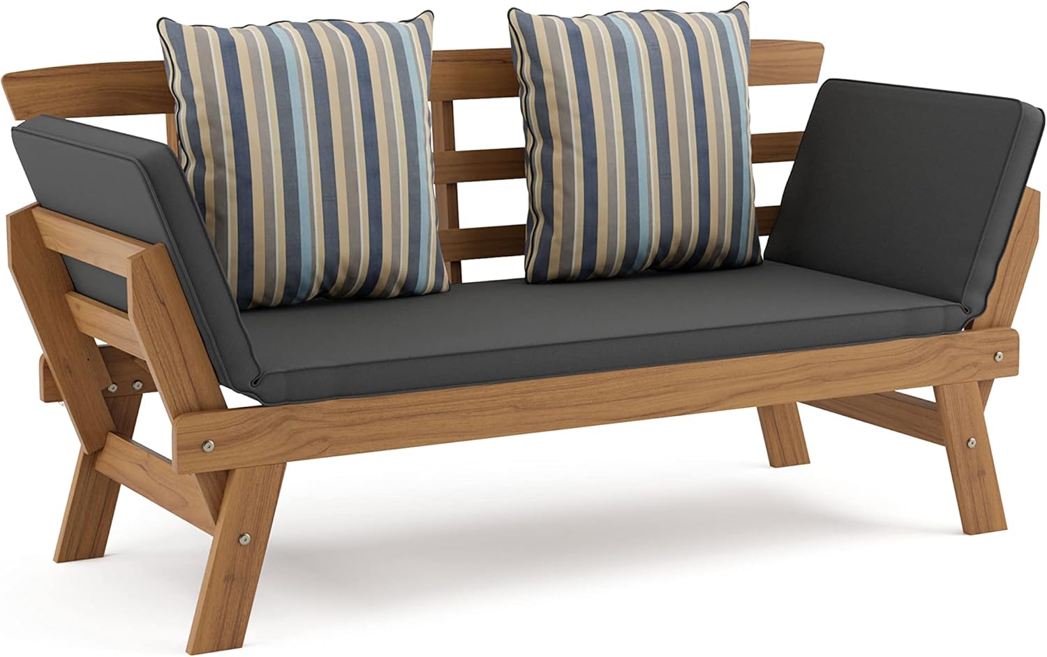 Greemotion Velden Certified Acacia Natural Finish Wood Sofa Narrow Daybed Small Loveseat Patio Sofa Bed Patio Lounge Bed Wood Couch, Outdoor Convertible Daybed Porch Loveseat with Gray Cushion