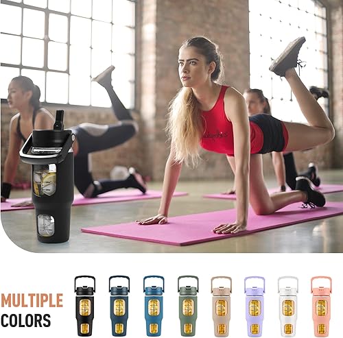 Miniatura 7 de kytffu Vaso de vidrio de 32 onzas con popote y tapa, taza de café helado reutilizable con asa y funda de silicona, botellas de agua motivacionales