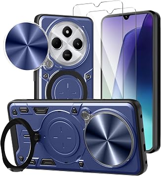 Case for Xiaomi Redmi 14C/Xiaomi Poco C75 +2 x Tempered Glass Screen Protector,with Metal Stand Ring Holderd and Slide Camera Cover, Shockproof Anti-Scratch Phone Case Cover -Blue