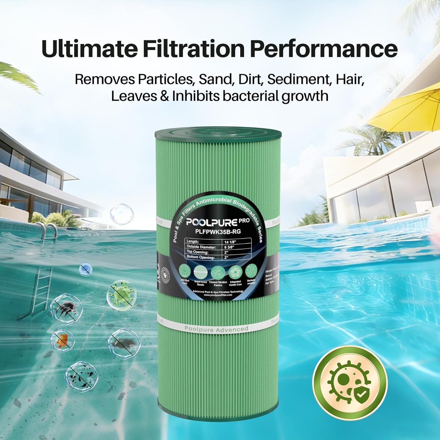 POOLPURE PWK35B Eco Hot Tub Spa Filter, 35 Sq.Ft., PLA Biodegradable Material, Replacement for Watkins 1642301-1, 78161, 78286, Pleatco PWK35B, Filbur FC-3921, SD-01386, 2-Pack