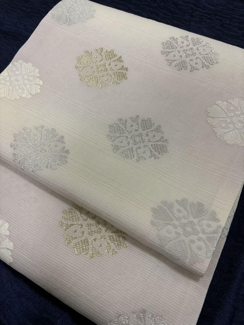 Amazon.co.jp: 夏帯 袋帯 西陣織 名物裂 透かし柄 オフ白 ピンク 横段  