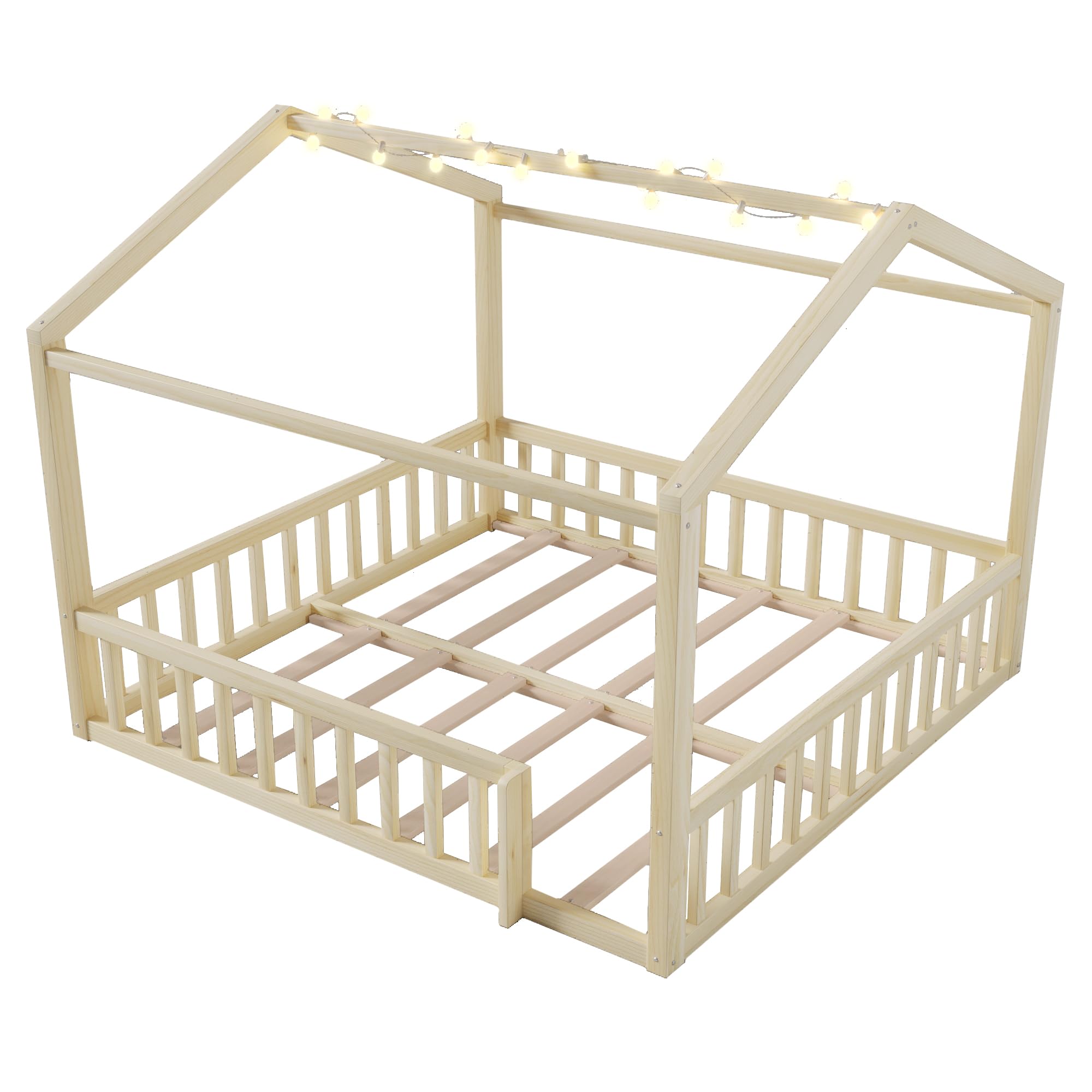 Soweiz Letto piano con rete a doghe, 90 x 190 cm x 2/180 x 190 cm, lettino con griglia, listello in legno di pino, senza materasso, perline LED (naturale)