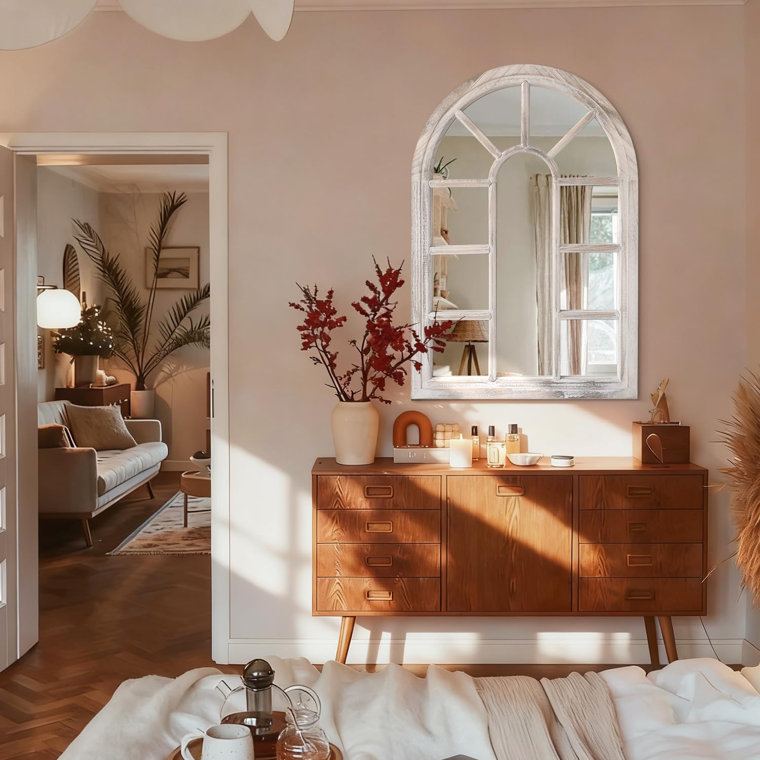 Espejo de arco, espejo de pared blanco, marco de madera grande, espejos decorativos de arte moderno para sala de estar, dormitorio y entrada, 70 x 50 cm, decoración del hogar