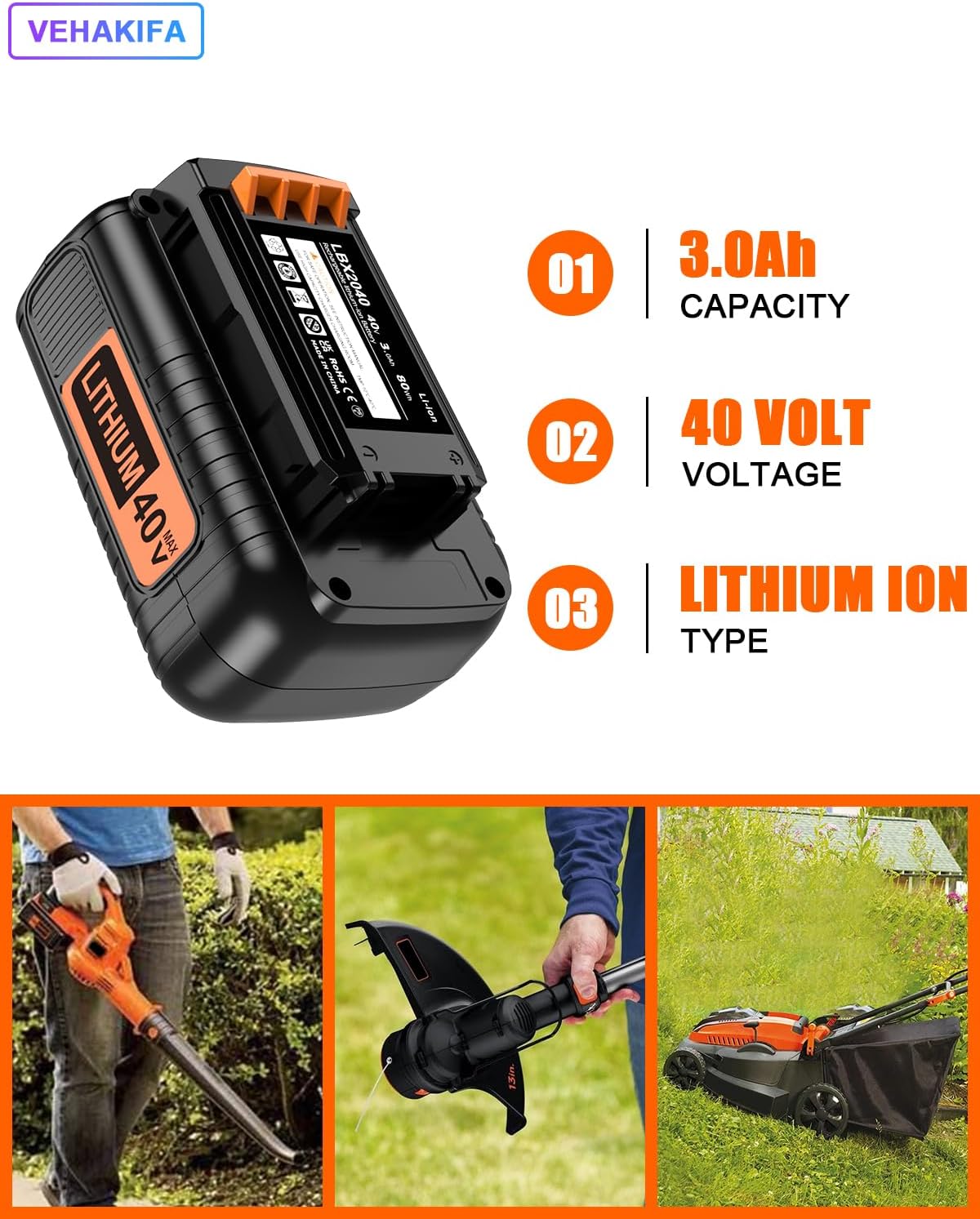 3000mAh 40V Compatible with Black and DeckerLCS1240 LST540 LBX2040 LBXR36 LBXR2036 LBX1540 LST136W Battery Compatible with All Power 40V Black and Decker Power Tools - Image 2