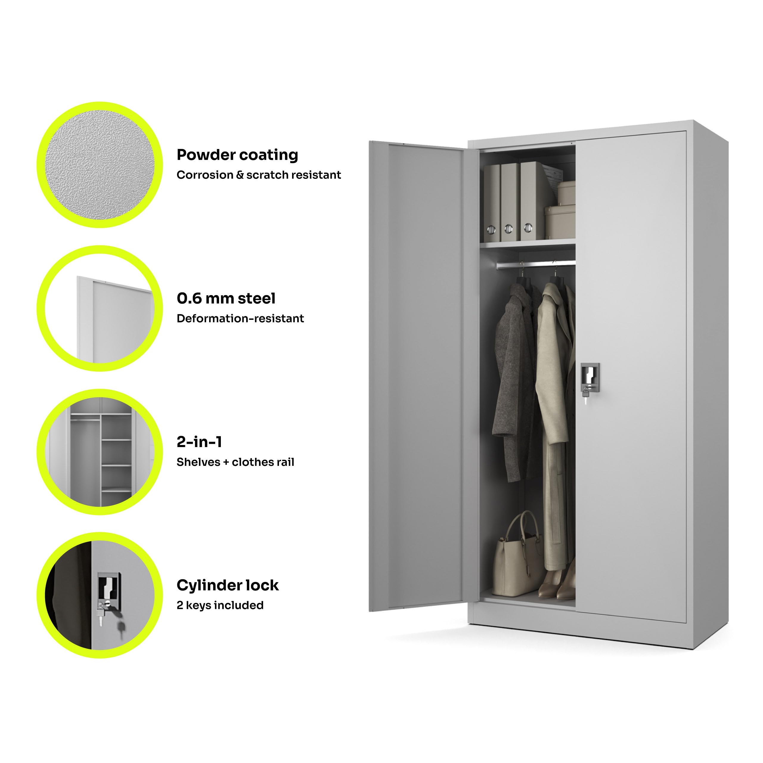 Muralo Metallschrank mit Kleiderstange 185x90x45 cm - Grau | Aktenschrank abschließbar, 4 verstellbare Einlegeböden, Dreipunkt-Verriegelung, Pulverbeschichtung - für Büro, Werkstatt