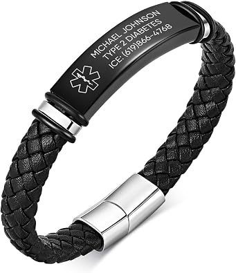 MEALGUET Medical Alert ID Bracelet for Men - Stainless Steel Emergency Identification Bracelets, Leather Medical Wristband with Clasp, Medic ID Bracelet for Diabetic Allergy,Black