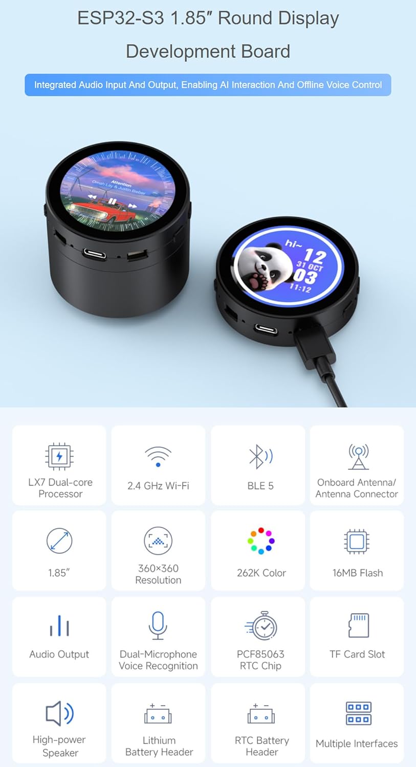 ESP32-S3 1.85inch Round LCD Development Board, 360×360, Supports Wi-Fi & Bluetooth BLE 5, AI Speech, ESP32 with Display, with Smart Speaker Box @XYGStudy (ESP32-S3-Touch-LCD-1.85C-Box)