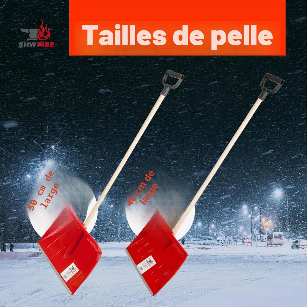 SHW-FIRE Pelle à neige en plastique, avec un manche rond en bois, 110 cm de long