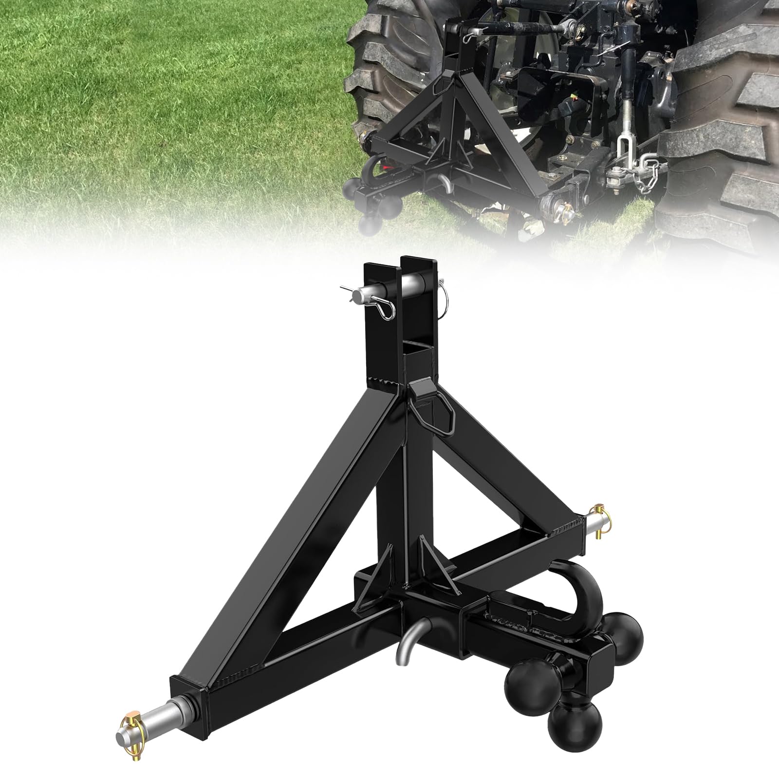 Garvee Enganche de 3 puntos resistente para tractor, receptor de 2 pulgadas, con bola y gancho, compatible con Kubota BX/LM25h/WLM, montaje rápido, negro, triángulo de agujero distintivo, gancho bola