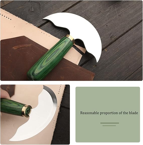 Leather Round Head Knife, Premium Leather Working Kit Craft Knife Leather Cutter Semicircle Green Wooden Handle Hand Made DIY Leather Trimming Knife Leather Working Tool