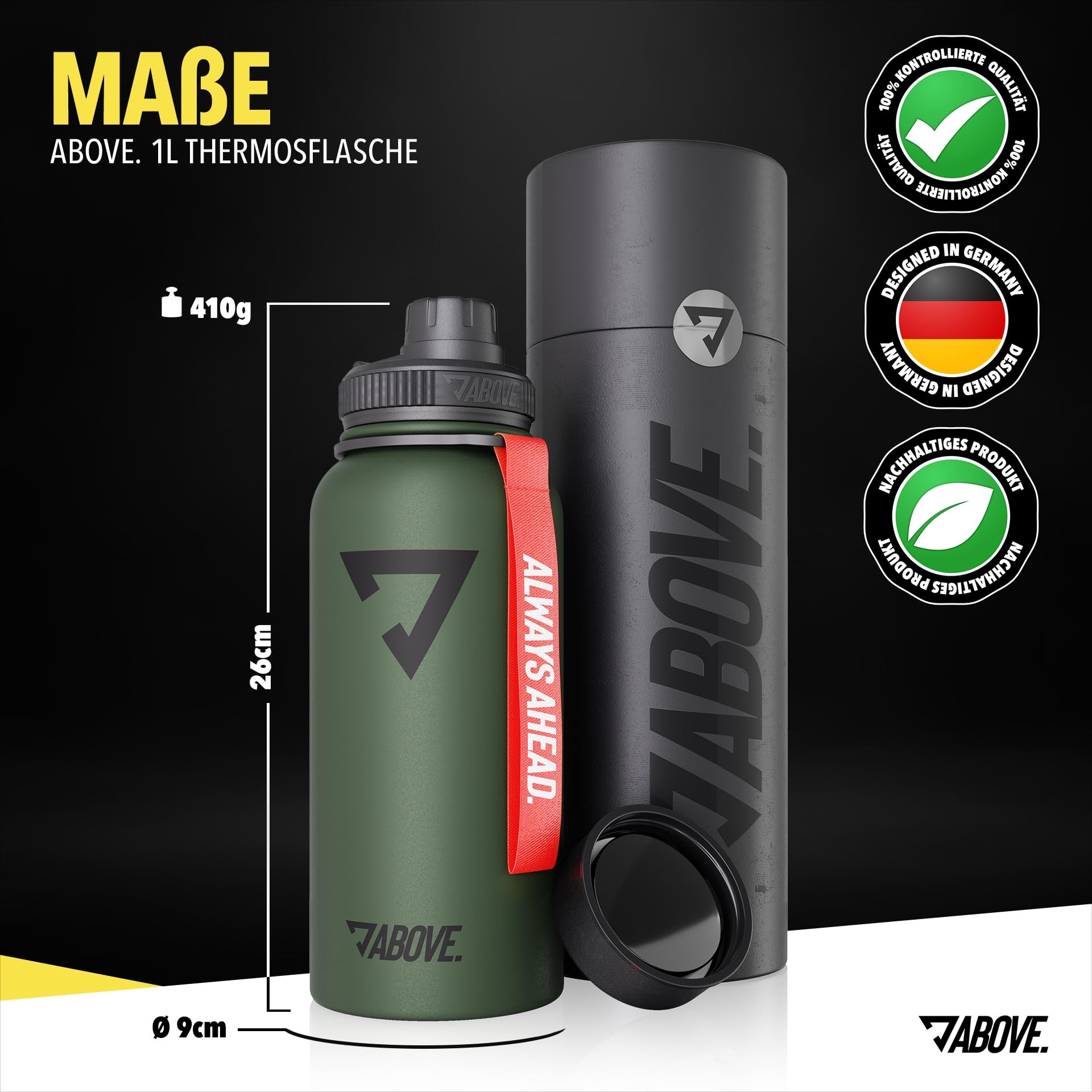 ABOVE. Trinkflasche Edelstahl 1L I Gratis Trinkverschluss I BPA-FREI I Thermosflasche hält bis zu 12H Heiß & 24H Kalt I Isolierflasche 1 Liter auslaufsicher & robust für Fitness, Sport & Outdoor