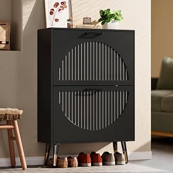 Farmhouse Shoe Cabinet Storage for Entryway, Slim Hidden Shoe Rack Cabinet | 2 Flip Drawers with Dividers, Stylish Round Panel, Sturdy Metal Leg, Anti-Tip Safety Kit, Shoe Organizer Cabinet