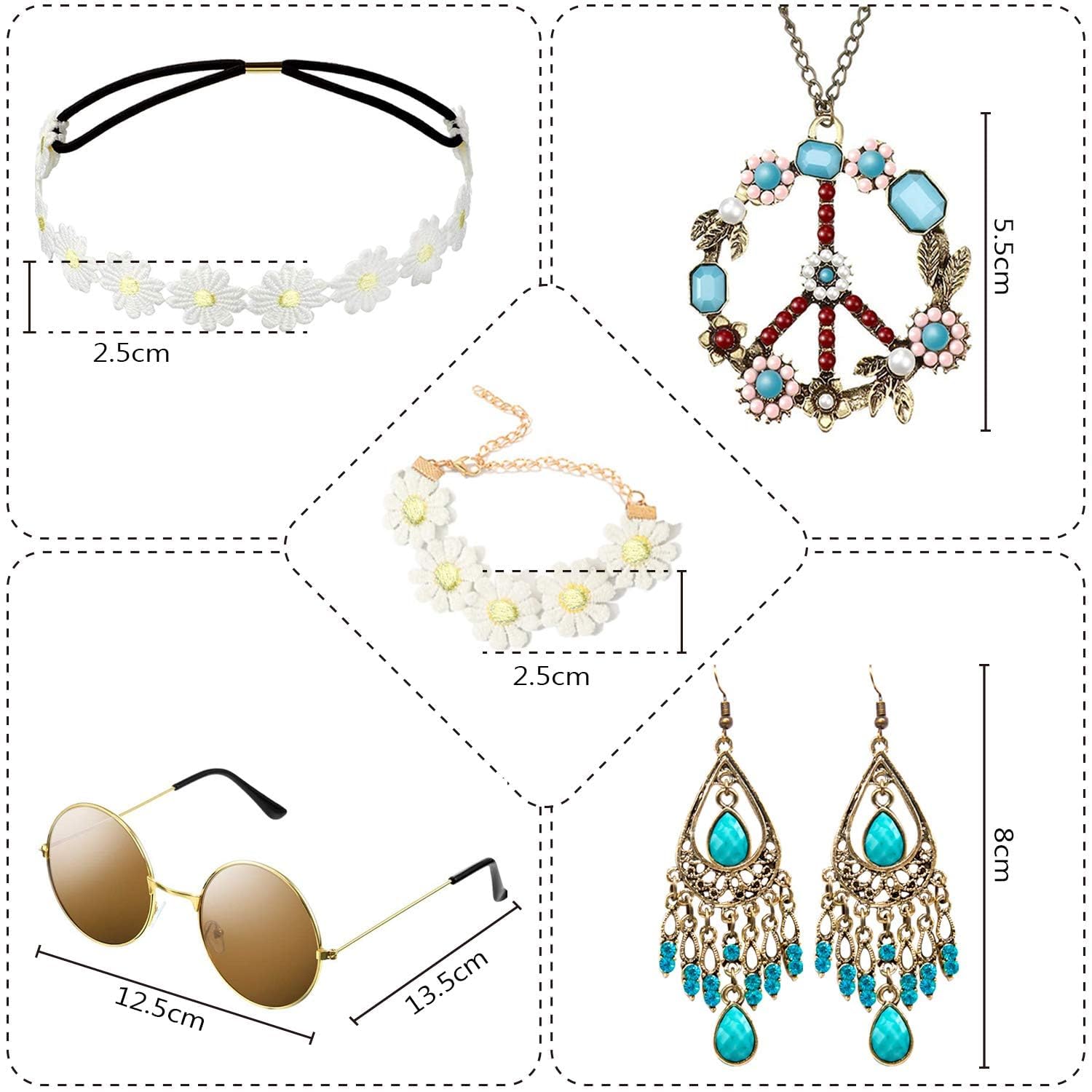 Alintor Hippie Accessoires für Schlagermove Outfit Damen, Flower Power Zubehör für Hippie Kostüm, 60er 70er Jahre Bekleidung, Peace Kette, Brille