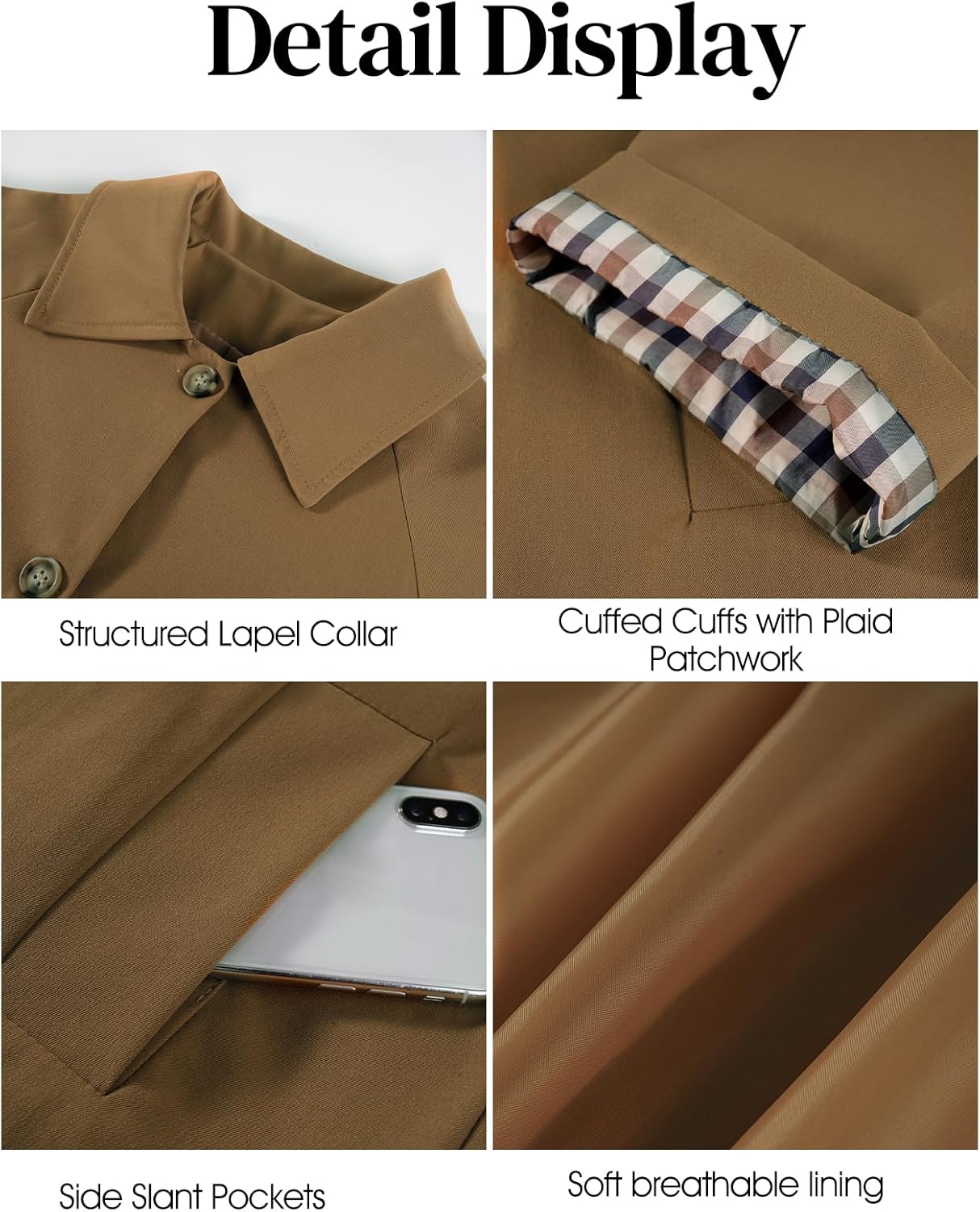 Flygo Womens Trench Coat Cropped Casual Jackets Oversized Button Down Long Sleeve Lapel Jacket Coats - Image 6