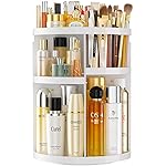 HEMTROY Makeup Organizer 360 rotating, Adjustable Skincare Organizers with Brush Holder, Cosmetics Display Cases for Vanity Bathroom Countertop Large Capacity Carousel Make up Caddy Shelf (White)