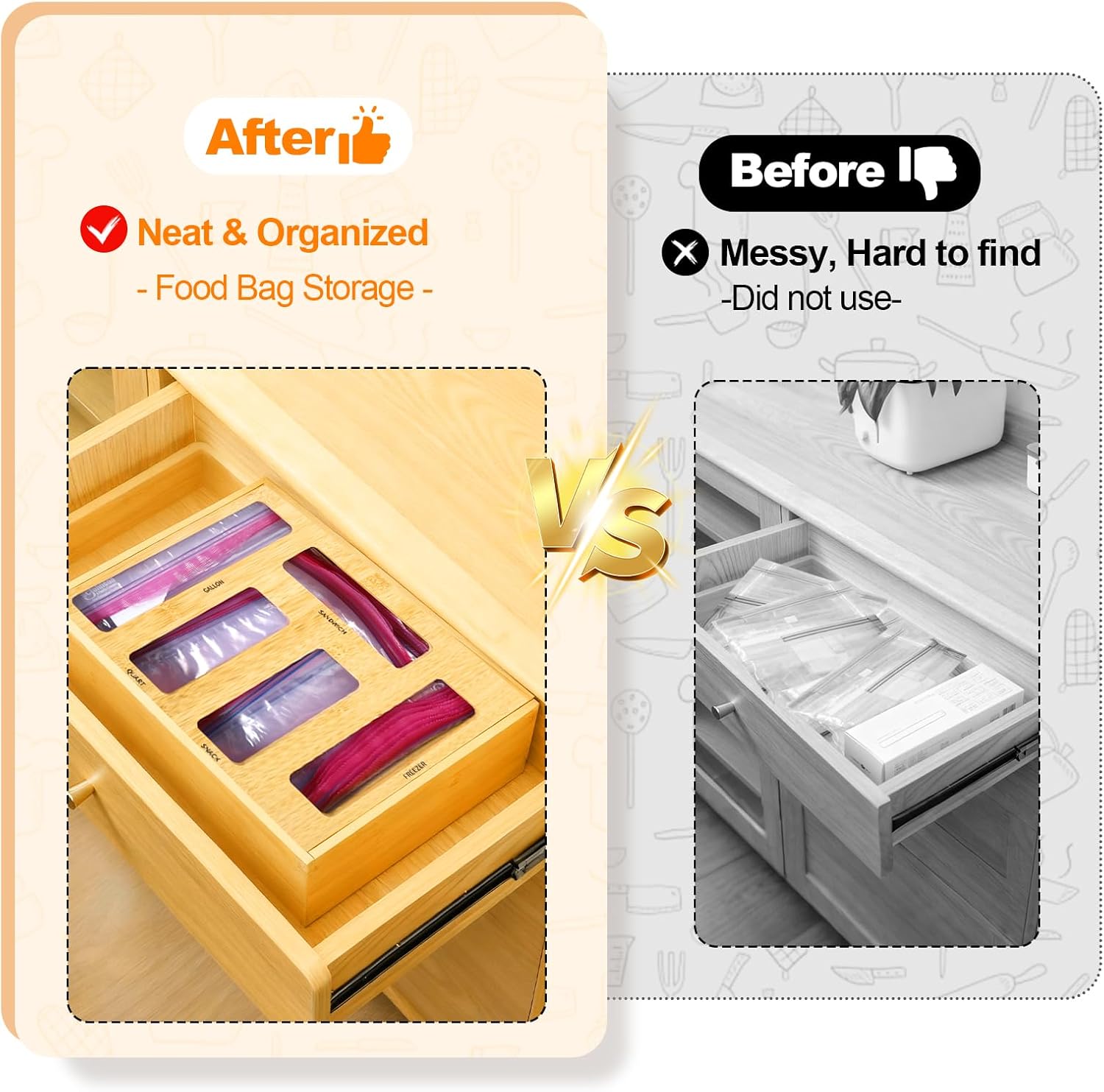 Bag Storage Organizer Compatible with Ziploc | Gallon, Quart, Sandwich & Snack Sized Slider Bags,Bamboo Organizer For Drawer,13.7"L*11.8H"*3.1W"