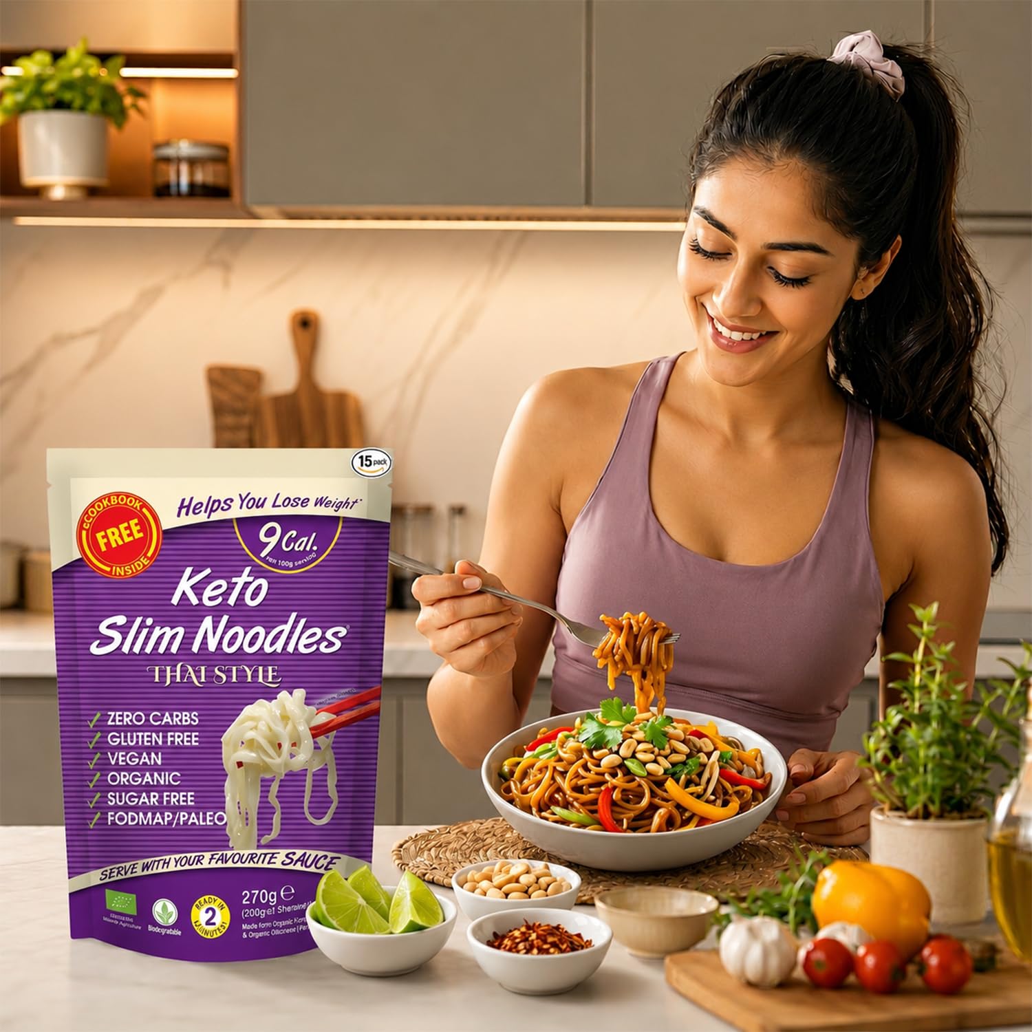 Slim Pasta - Noodles Thai Style - 270g - Pasta Vegana Baja en Calorías - Ideal para Dieta Keto