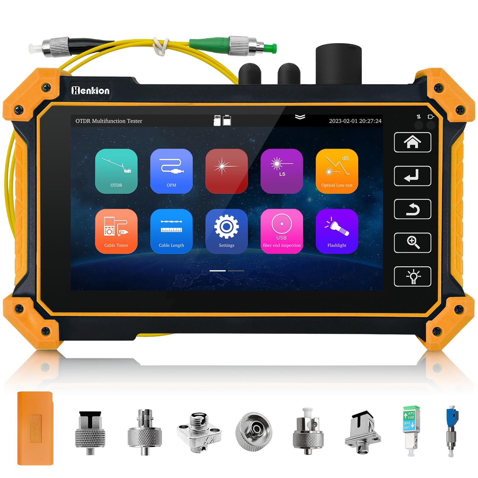 Henkion OTDR-Fasertester RSO-50 1310/1550 nm 26/24 dB, 5,5 Zoll IPS Touchscreen, OTDR Fiber Optic Tester mit integriertem OPM, LS, OLS, Ereigniskarte, Kabeltester mit 8 verschiedenen Glasfaseradaptern