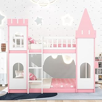 Bellemave Low Bunk Beds for Kids Twin Over Twin Castle Bed Princess Bed with Ladder, Solid Wood Twin Floor Bunk Bed Frame for Kids Teens Girls Boys, Pink