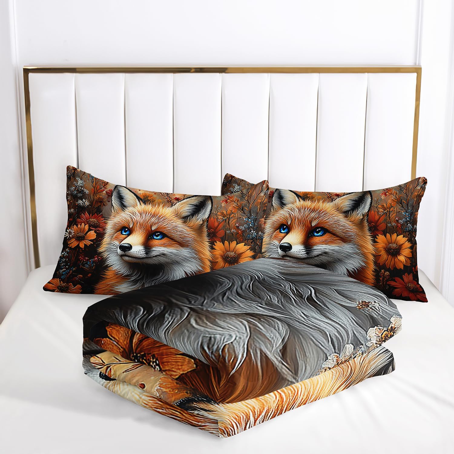 AILONEN 3D Cute Fox Comforter Set for Bedroom Decor,Kawaii Fox with Yellow Flowers Bedding Set Queen Size,Lovely Wild Animal Duvet Set for Kids Girls,1 Quilt 2 Pillowcases,3-Piece