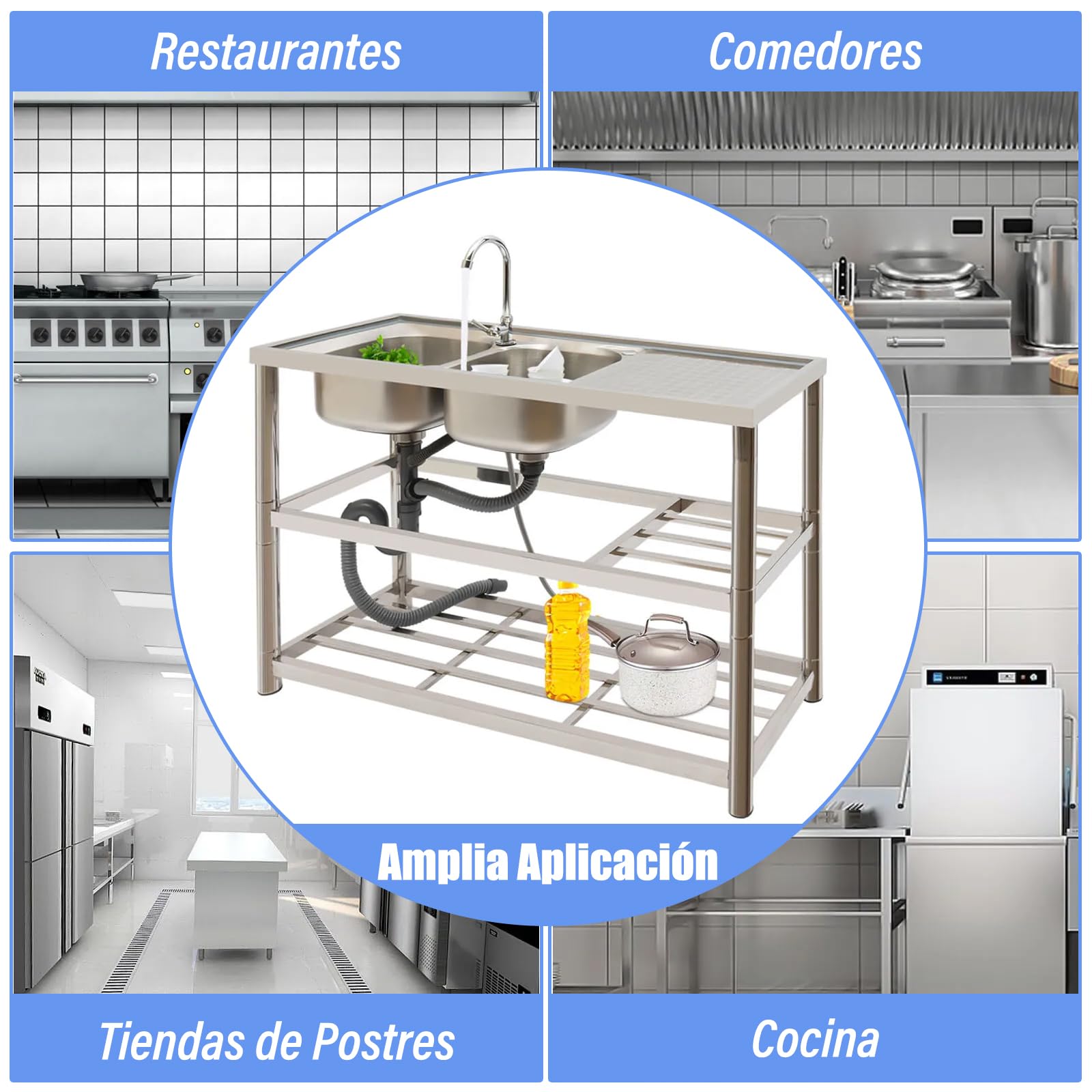 De pie libre de acero inoxidable doble tazón fregadero de uso de acero inoxidable, Comercial restaurante cocina fregadero conjunto w/grifo, tabla de drenaje, lavabo w/banco de trabajo, estantes
