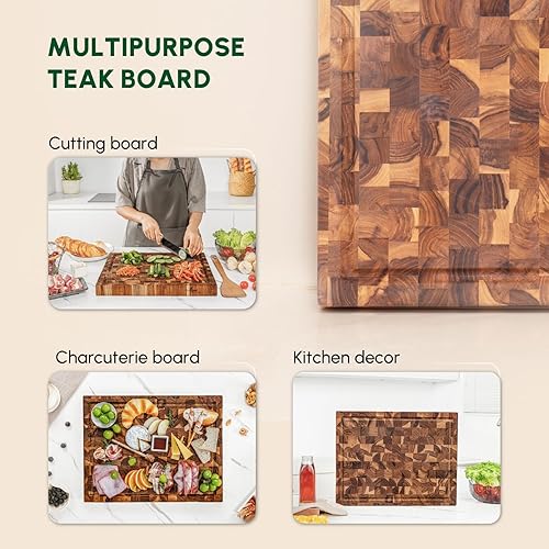 Miniatura 2 de BEEFURNI Tabla de cortar de madera de teca de grano final (M, 18x14x1.5"), tablas de cortar de madera para cocina con ranura para jugo y agarre