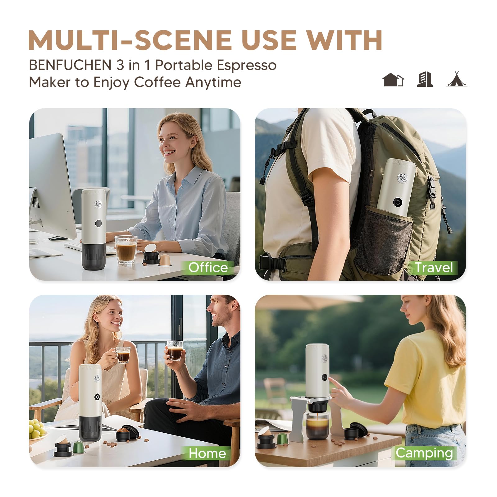 Machine à expresso portable 3 en 1 20 bars avec chauffage automatique, compatible avec capsules NS et DG et café moulu pour le camping, la randonnée, les voyages et la maison (blanc)