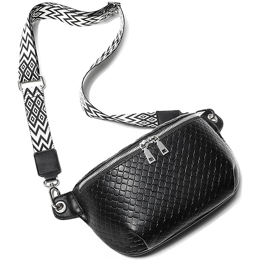 Myhozee Crossbody Bags for Women Trendy - Small Fanny Pack Vegan Leather Belt Bag Fashion Sling Chest Bags Woven Cross Body Shoulder Purse Travel Black Waist Packs with Adjustable Wide Guitar Strap