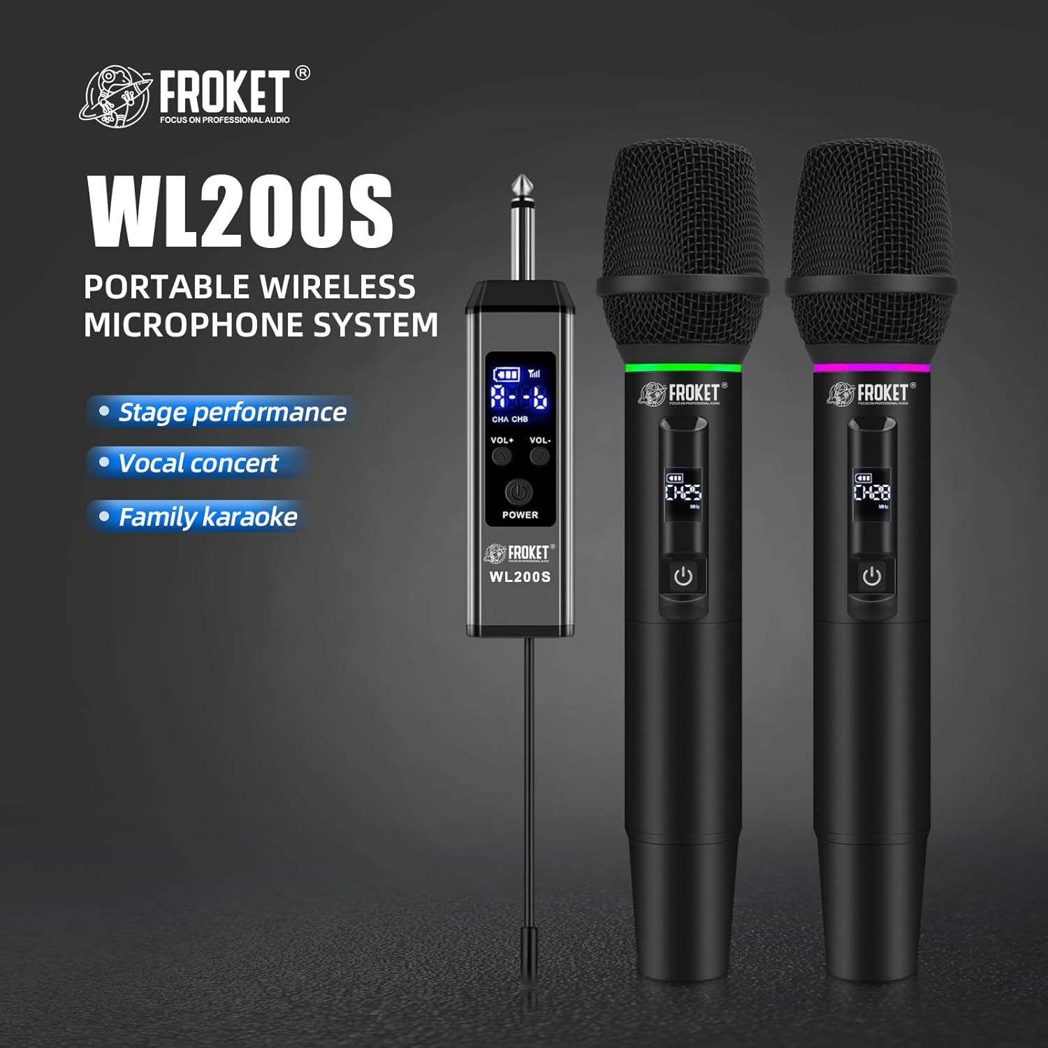 2.4G Handheld Wireless Microphone WL200S with RGB Lights, 99 Channels, Heart-Shaped Pickup, for Karaoke, Stage Performance, Vocal Concert