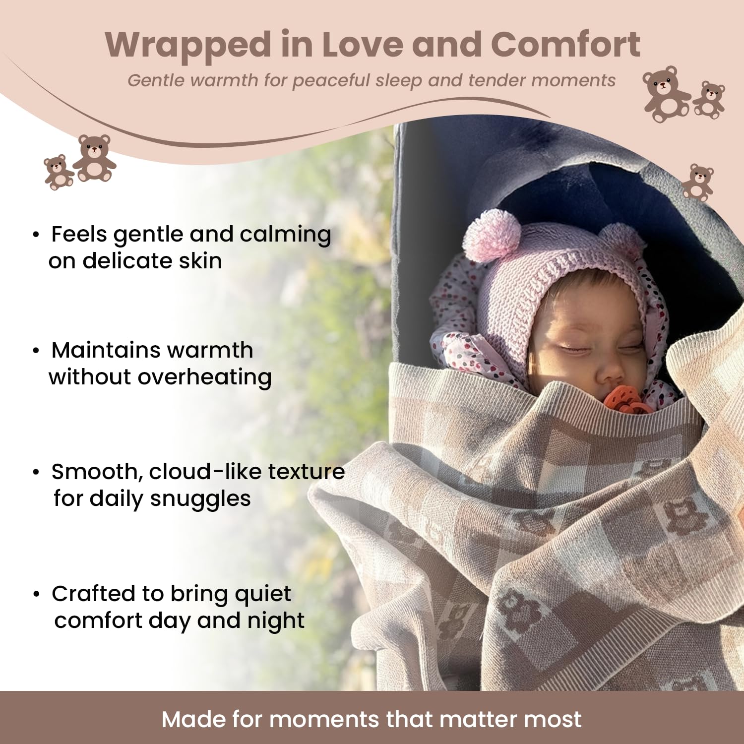 Couverture tricotée pour bébé, certifiée GOTS, 100 % coton biologique, avec ours en peluche, douce et légère, idéale pour emmailloter et se blottir dans une boîte cadeau