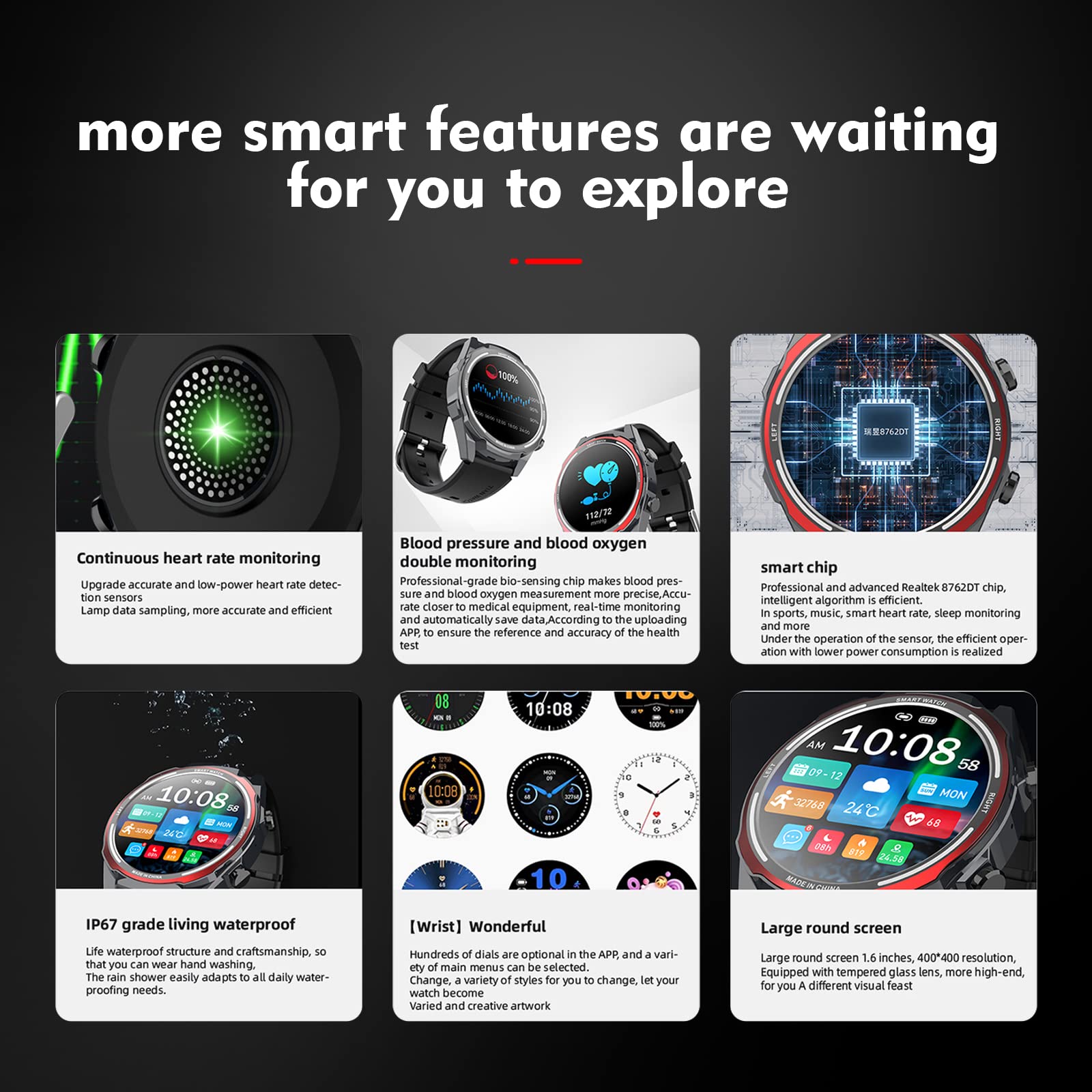 Smartwatch da uomo con grande schermo da 1,6", 60 giorni di standby extra lungo (ricezione/composizione chiamate), fitness tracker Android iOS con cardiofrequenzimetro, monitoraggio del sonno, sport,