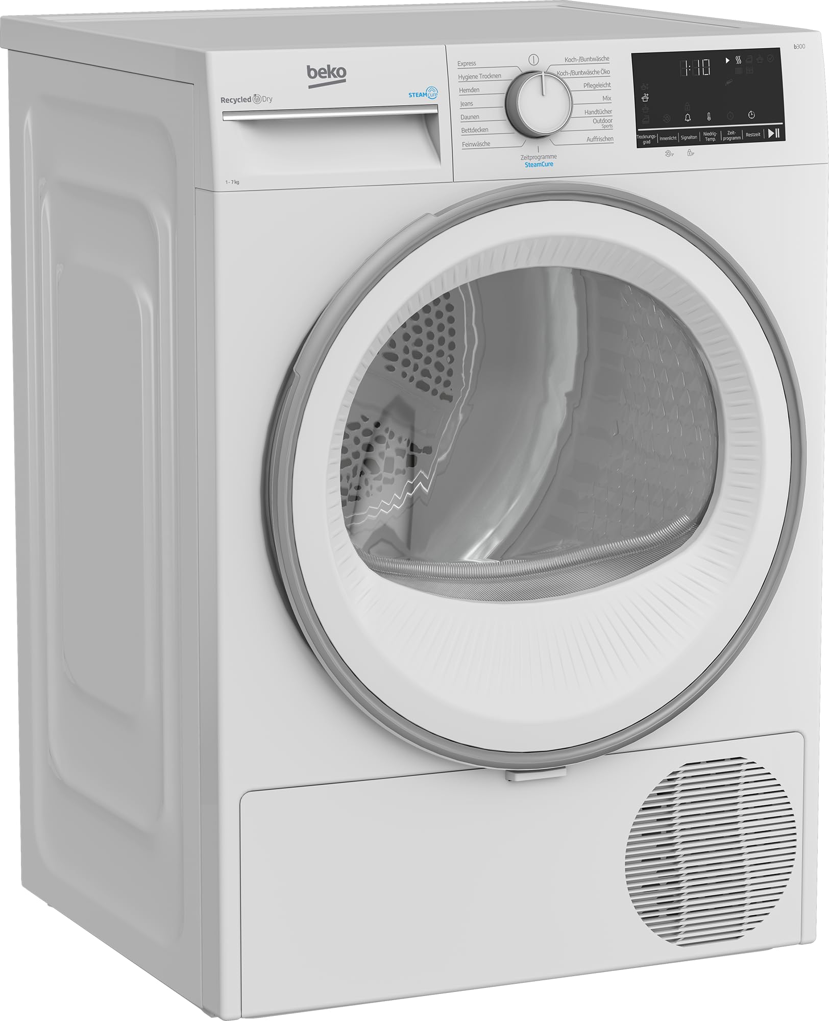 Beko B3T41239A Trockner, 7 kg, Wärmepumpentrockner, Dampffunktion, Knitterschutz, Sensortrocknung, AquaWave Schontrommel, 15 Programme, extra schlank (54,3 cm tief), Weiß
