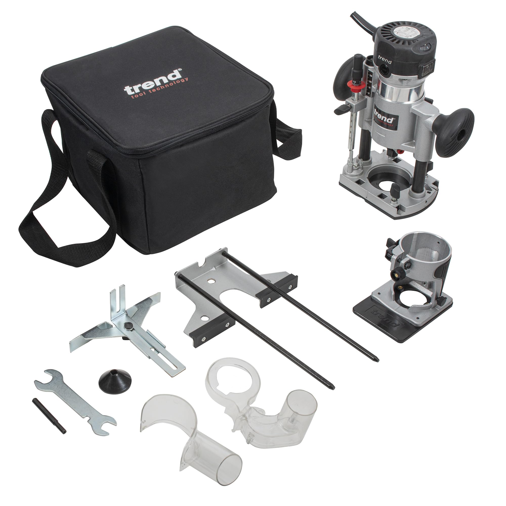 Trend T1 Fresadora de Doble Base, Pinza de 8mm, 710W, 230V, Herramienta de Corte de Precisión Compacta para Carpintería, T1EPS/EURO
