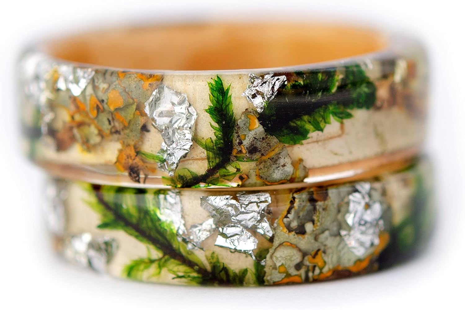 Forest ring with birch, tree bark, forest moss and golden flakes. Nature inspired engagement rings made from natural moss.