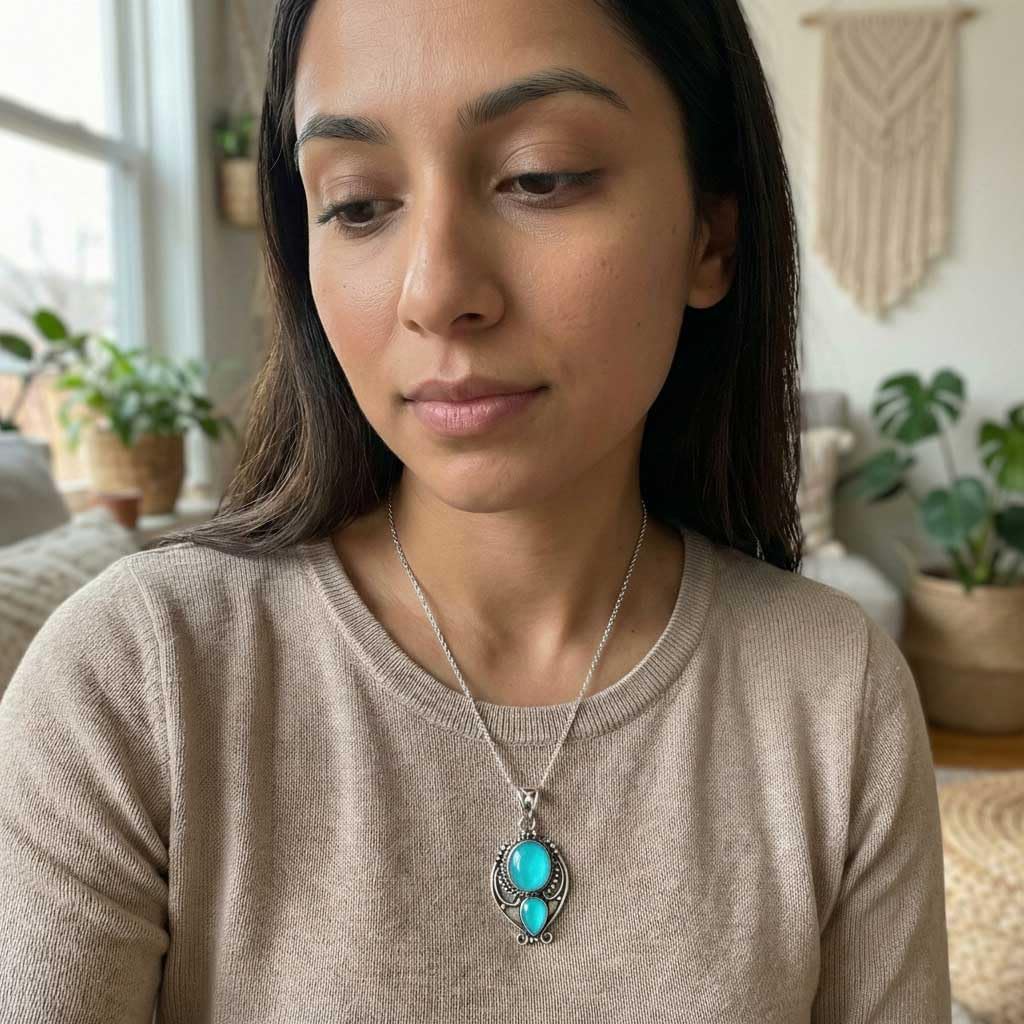 JEWELOPORIUM Chunky Natural Gemstone Pendant Necklace For Women Garnet, Labradorite, Turquoise, Carnelian Round - Pear Boho 925 Sterling Silver Plated Handmade Jewelry