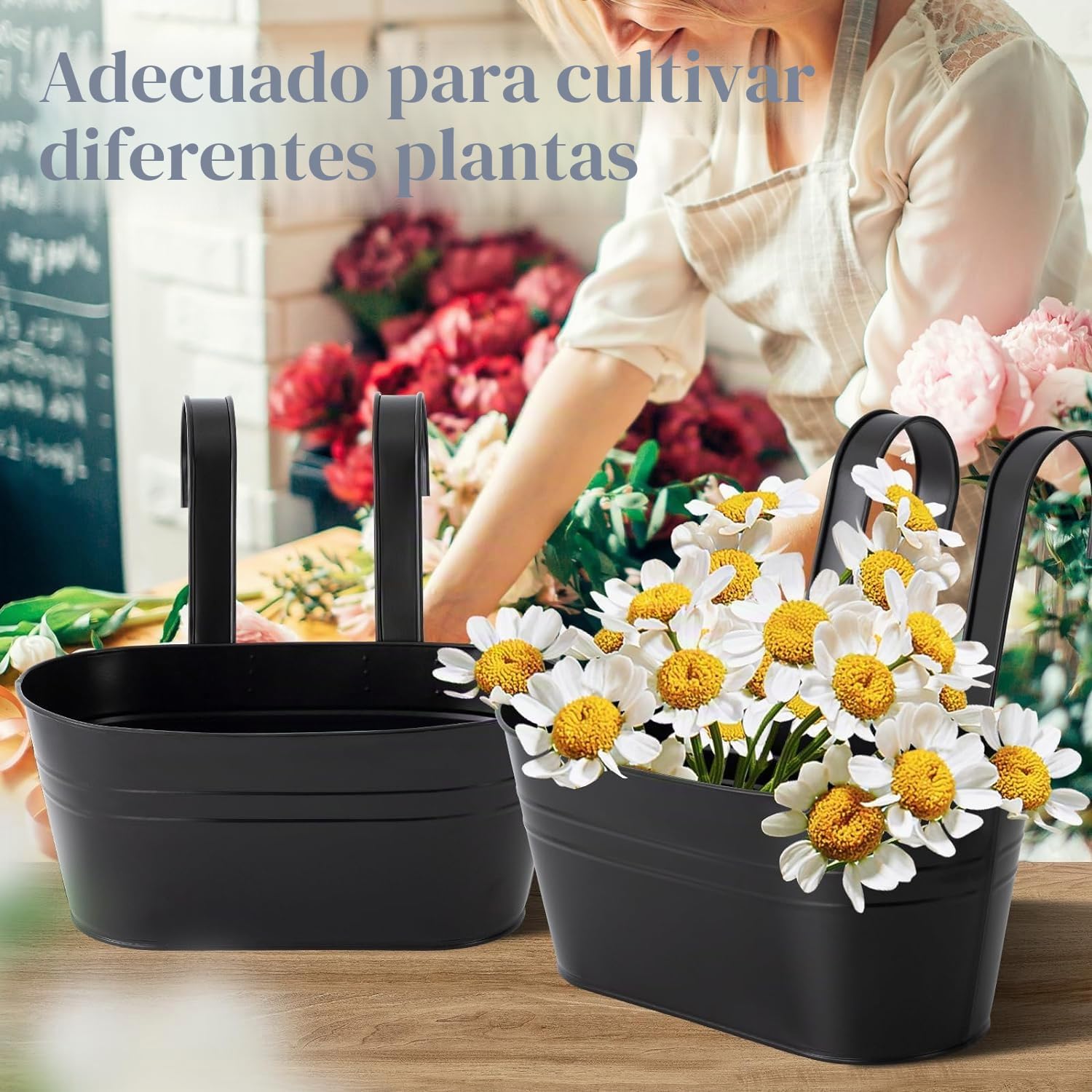 LATERN 4 Piezas Macetas Colgantes de Metal, 27,5CM Macetas Grandes Cubo Colgante para Flores con Gancho Desmontable para Balcón Valla Jardín Hogar Decoración (Negro)