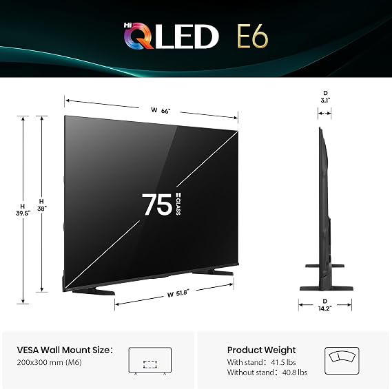 Hisense 75 E6 Cinema Series Hi-QLED 4K UHD Smart Fire TV (75E6QF) - AI Light Sensor, Dolby Vision Atmos, Voice Remote with Alexa, Motion Rate 120, HDR 10+ Adaptive, Game Mode Plus