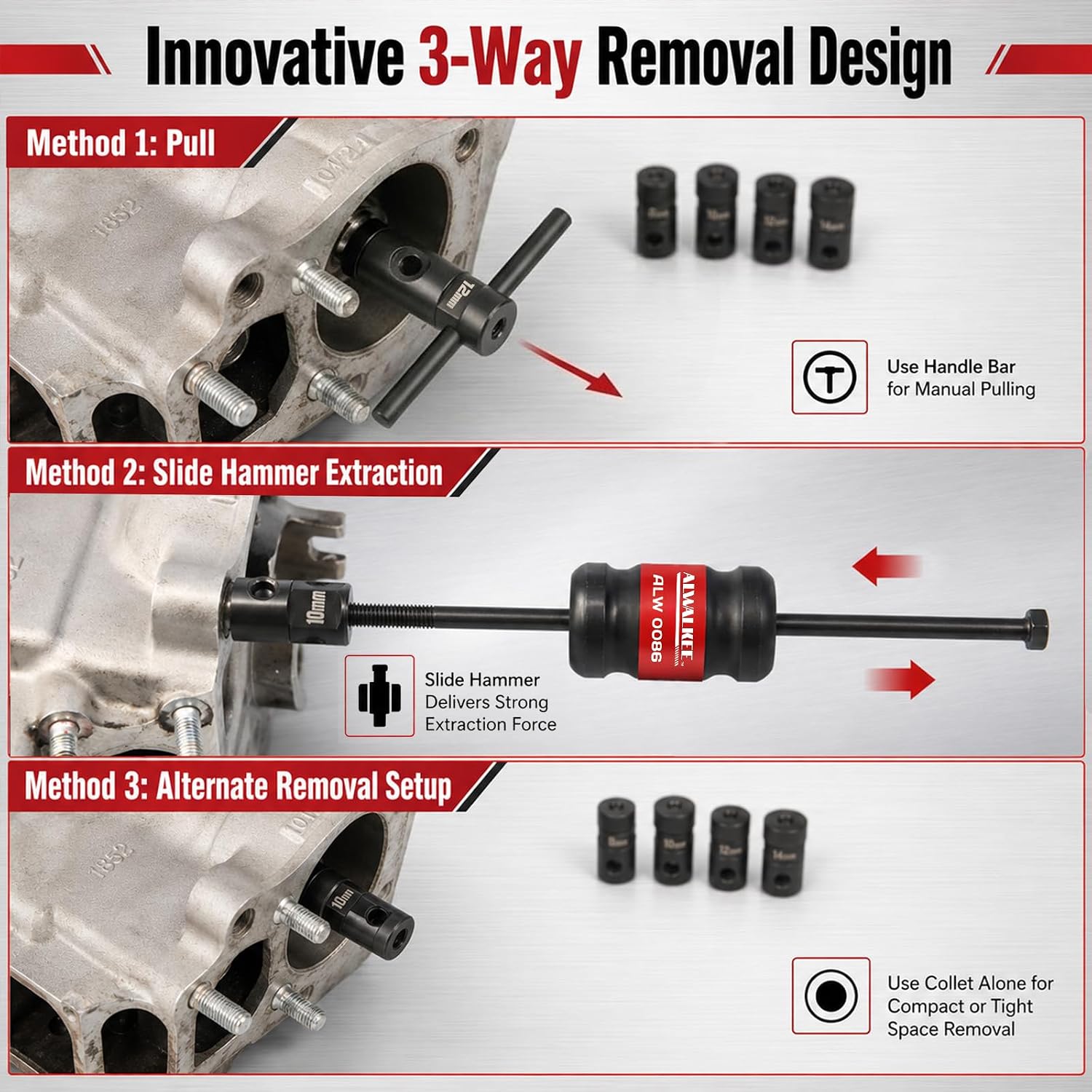 5-Pc Slide Hammer Bearing & Dowel Pin Puller Set 8-14mm | Durable CR-MO steel tool kit to easily remove stubborn blind-hole bearings and dowel pins without damaging equipment casings.