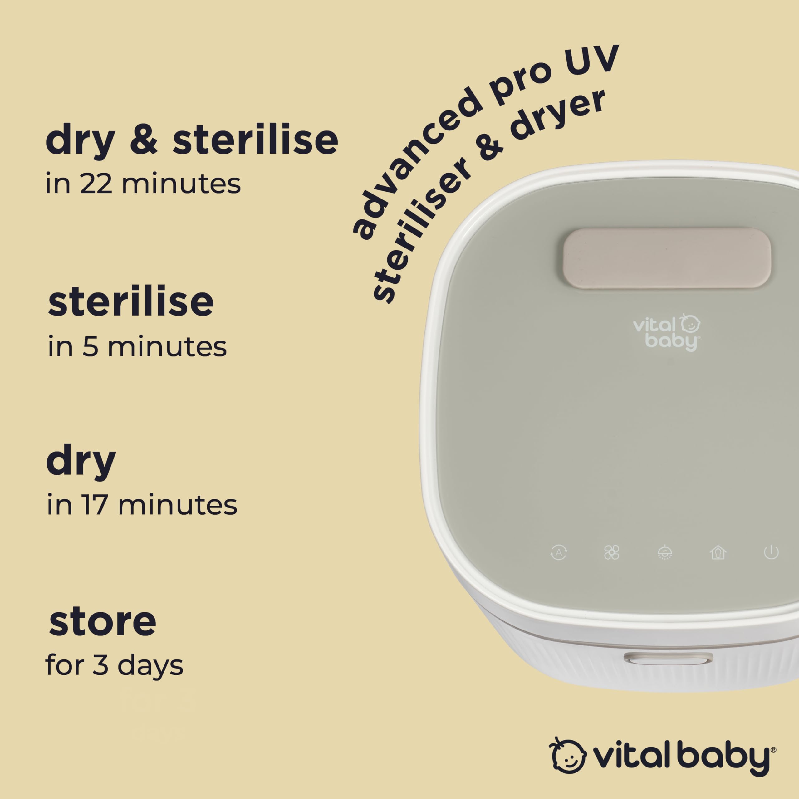 Vital Baby UV Babyflasche Sterilisator & Trockner Elektrischer Sterilisator für Flaschen, Milchpumpen, Schnuller & Zubehör Kein Wasser, Dampf oder Chemikalien - 5 Minuten Schnellzyklus, tötet 99,99%