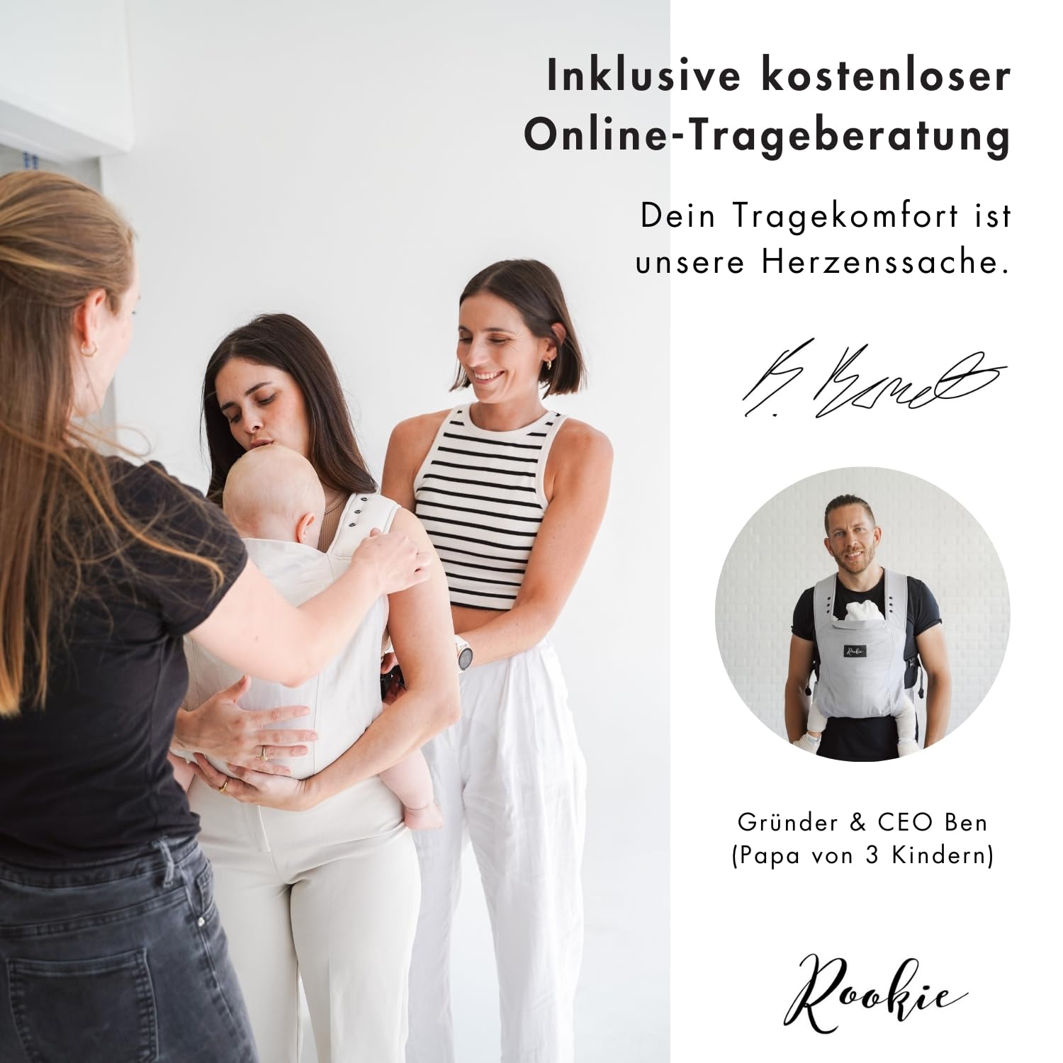 ROOKIE Babytrage Classic Dunkelgrau - Bio Baumwolle Bauchtrage für Neugeborene bis 15kg ergonomisch