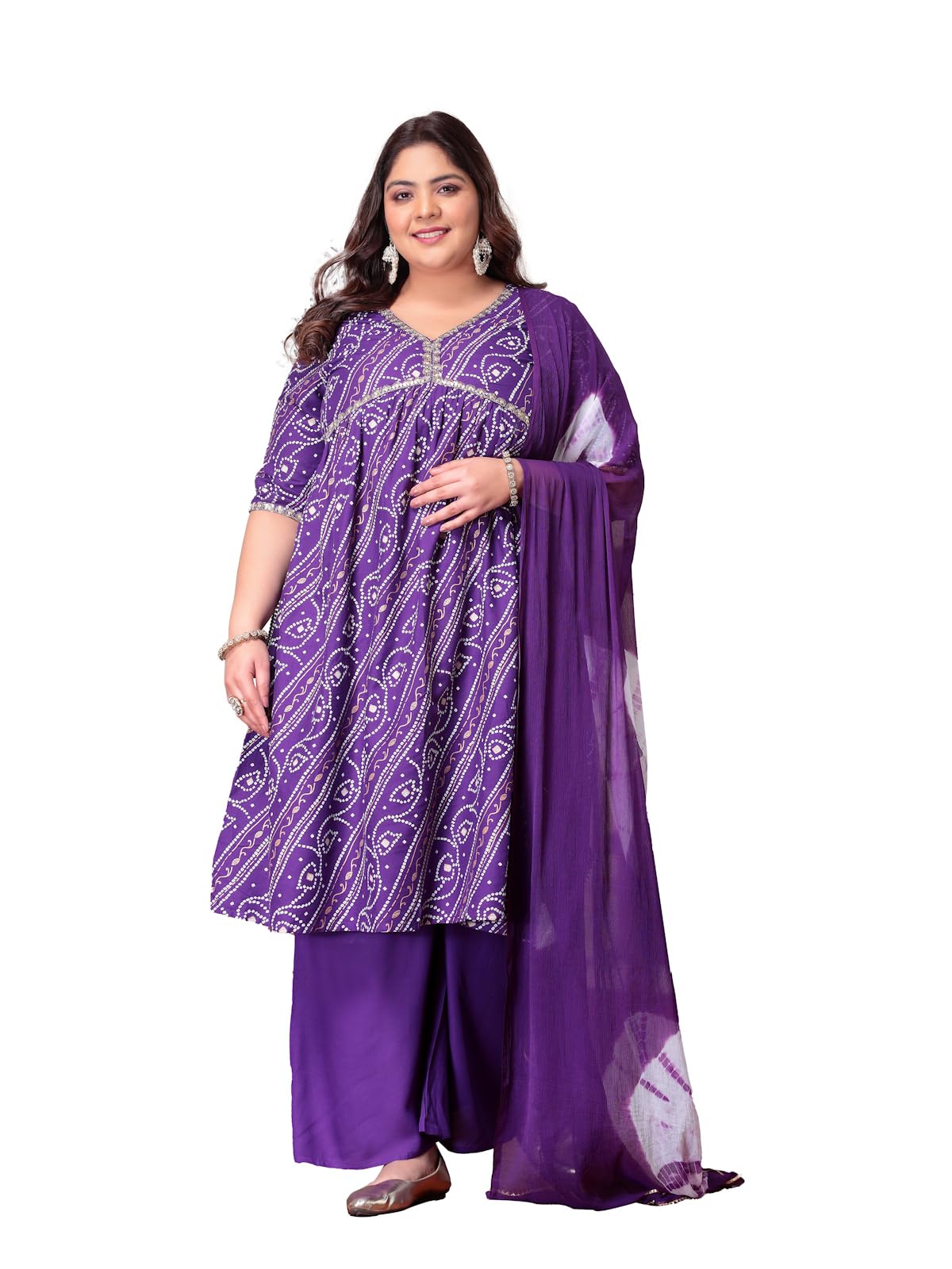 Stylum Plus Size Women Bandhej Printed Rayon Naira Cut Kurta Palazzo Dupatta Set (Kpdvoilcharliplus46_Violet, 3Xl)