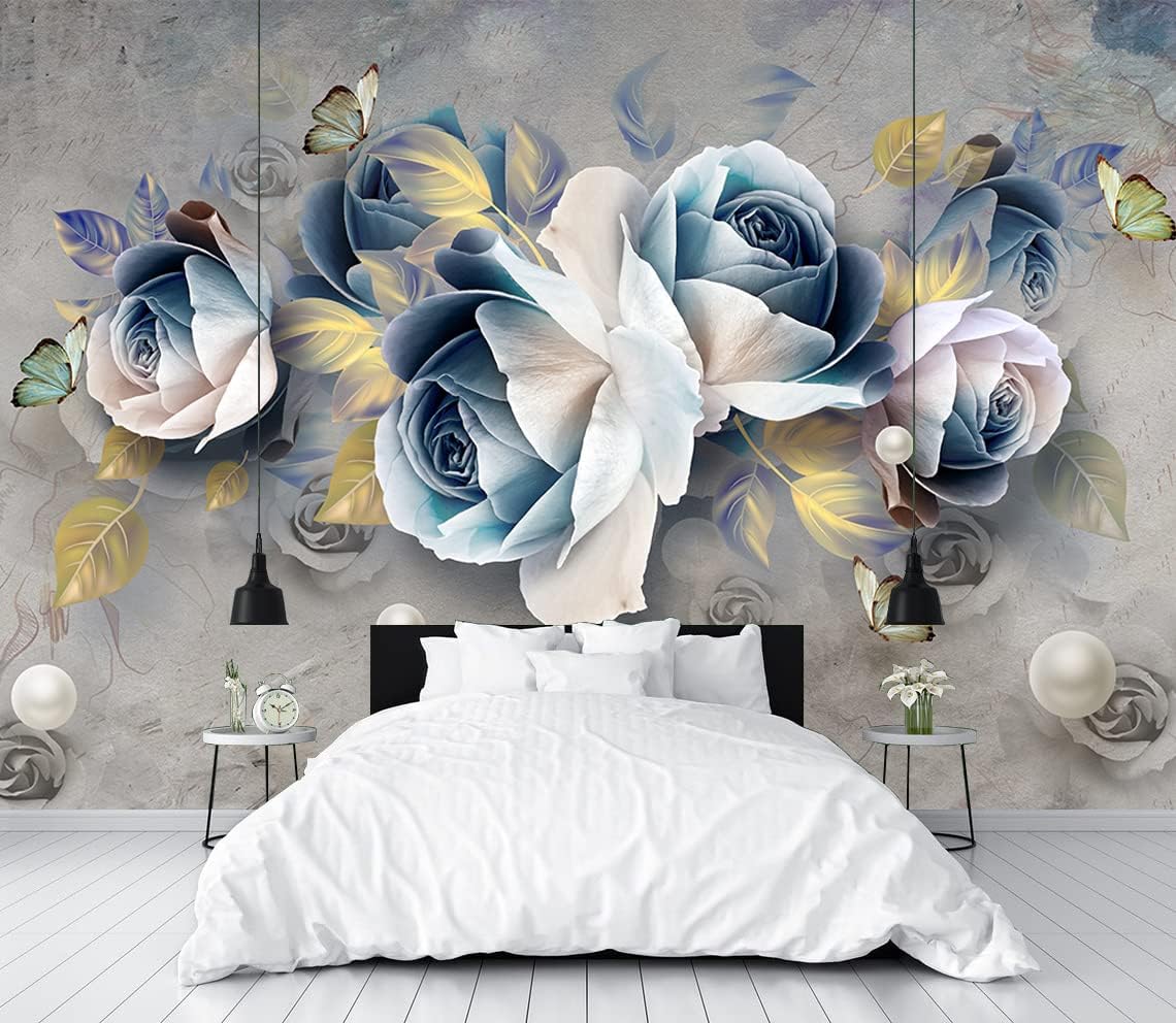 Bormia 3D Embossed Rose Wall Mural Hand Painted Watercolor Floral Mural Wallpaper Luxury Pearl Retro Rose Home Decor for Living Room Bedroom TV Background Kids Girls Rooms Decoration