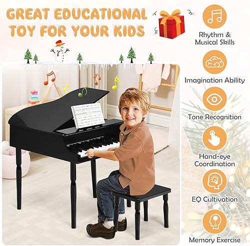 Miniatura 8 de Goplus Piano clásico de 30 teclas para niños, mini piano de cola de madera para aprender a tocar instrumento musical con banco, tapa de piano,