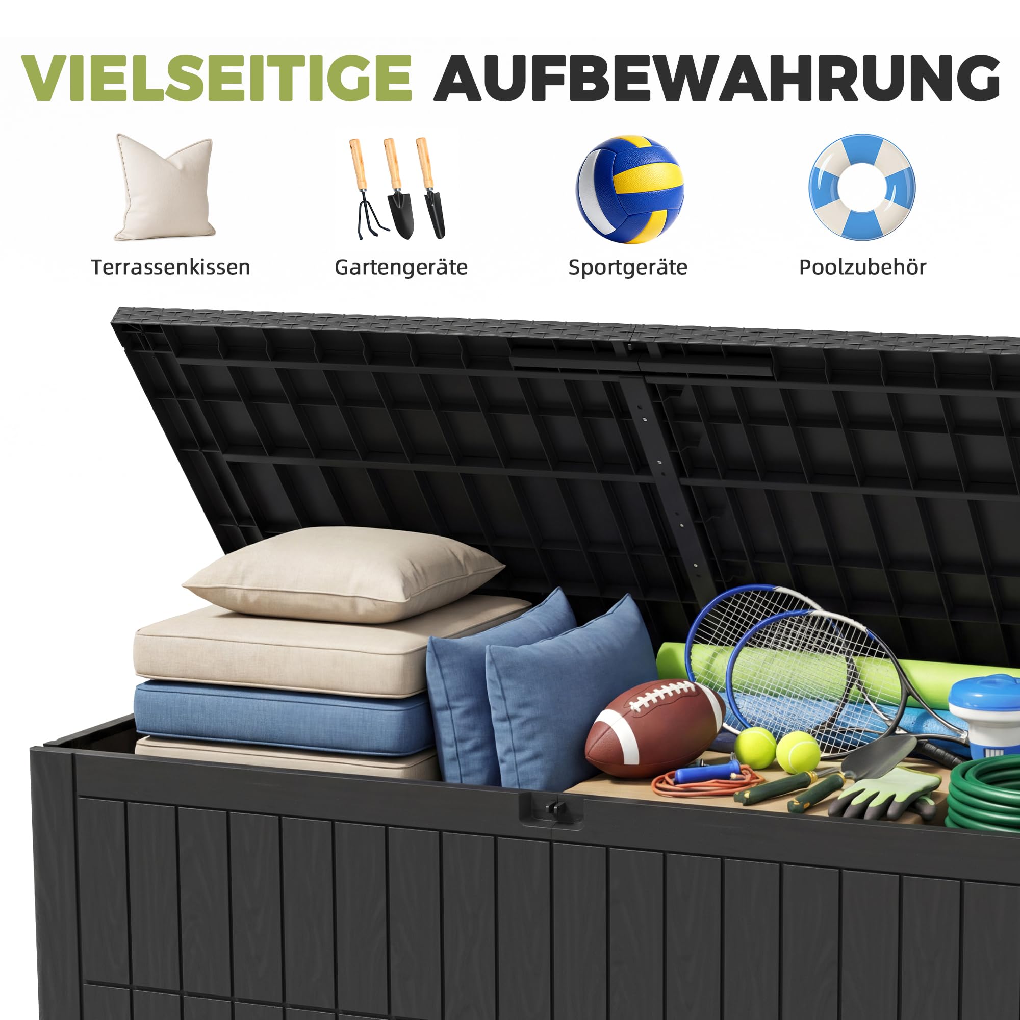 UDPATIO Gartenbox Wasserdicht 680 L, Vielseitige Auflagenbox Wasserdicht mit Gasdruckfeder & Griffen, Kunststoff Kissenbox Outdoor, Wetterfeste Gartentruhe für Gartenwerkzeuge & Poolzubehör, Anthrazit