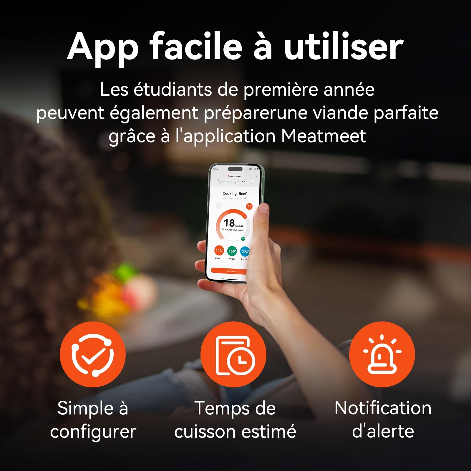 Pro Thermomètre à viande avec Wi-Fi et Bluetooth, surveillance par application avec minuterie et alarme, IP67 étanche et résistant à l'huile, thermomètre à viande sans fil pour Four, Barbecue