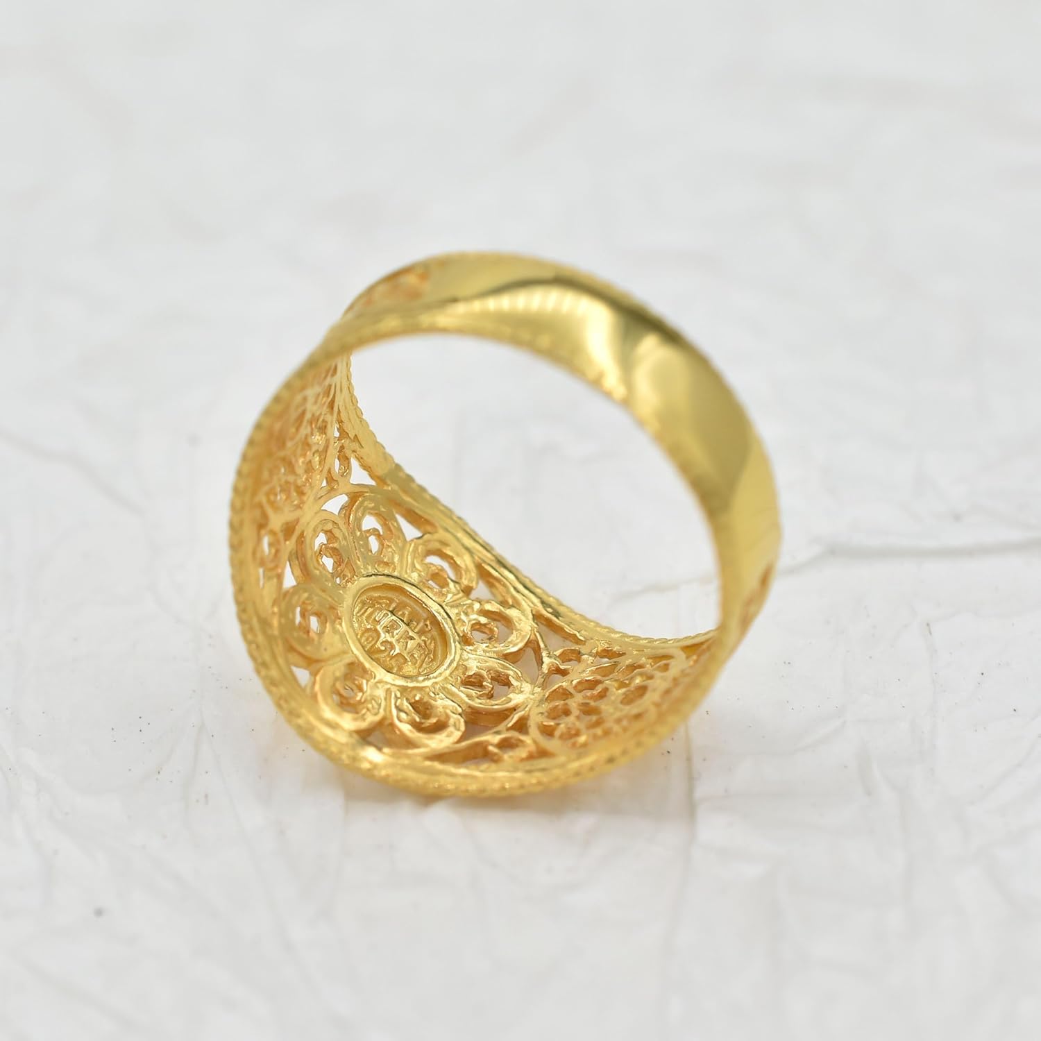 Filigranist 14k Gold Plated / 925 Sterling Silver Lace Embroidery Filigree Art Flower Theme Women Cocktail Statement Ring, Gift Boxed