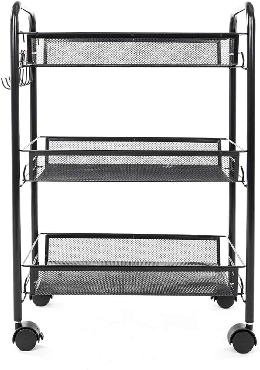 Exquisite Honeycomb Net Three Tiers Storage Cart with Hook Black Utility Storage Organizer Shelf Rack for Kitchen Living Room Bathroom MITPATY