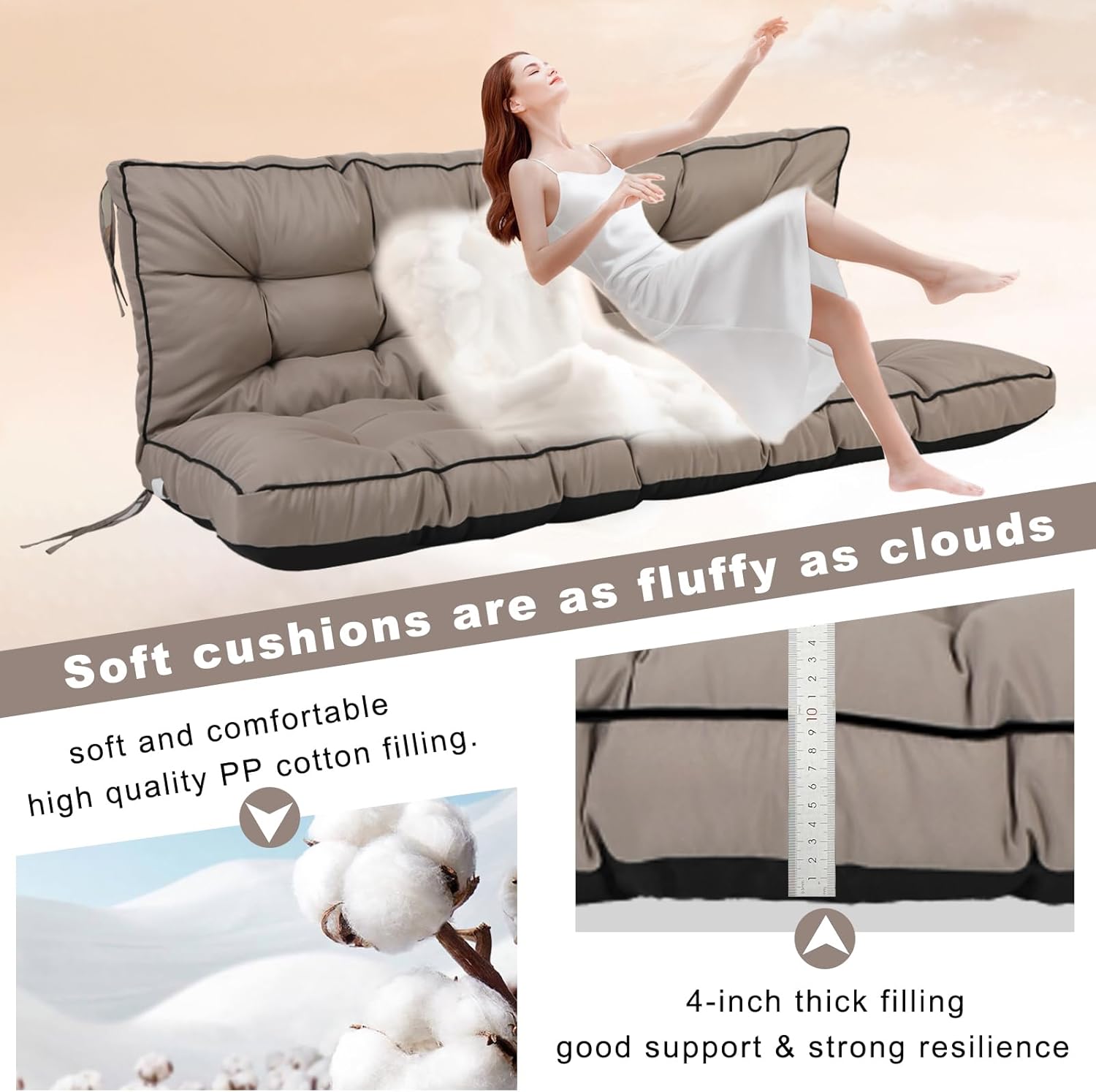 Porch Swing Cushions 3 Seater Replacement, Waterproof Bench Cushions for Outdoor Furniture with Backrest, 4" Thickened Patio Swing Cushion with Ties (Khaki, 63 * 40 inch)
